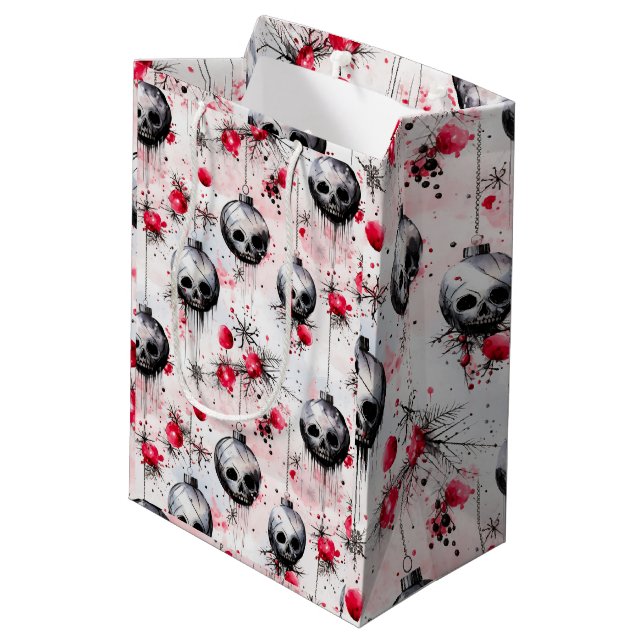 Gothic Spooky ChristmasSkulls Mittlere Geschenktüte (Rückseite Schrägansicht)