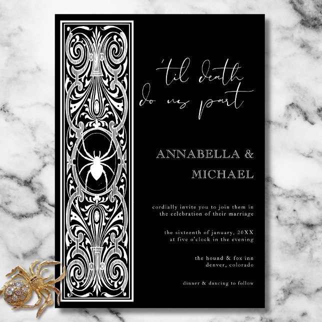 Gothic Spooky Spider Schwarz-weiße Hochzeit Einladung (Gothic Spooky Spider Black White Wedding Invitation)