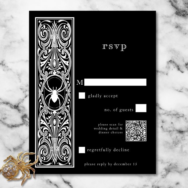 Gothic Spooky Spider Schwarz-weißer Hochzeitcode Q RSVP Karte (Gothic Spooky Spider Black White Wedding QR Code RSVP Card)