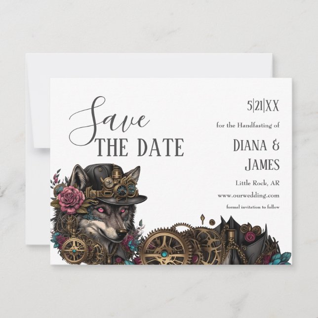 Gothic Steampumk Wolf Pink Floral Handfasting Save The Date (Vorderseite)