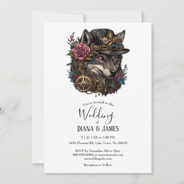 Gothic Steampumk Wolf Pink Floral Wedding Einladung (Vorderseite)