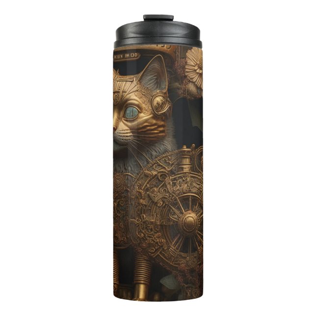 Gothic Steampunk Gold Cat Thermosbecher (Vorderseite)