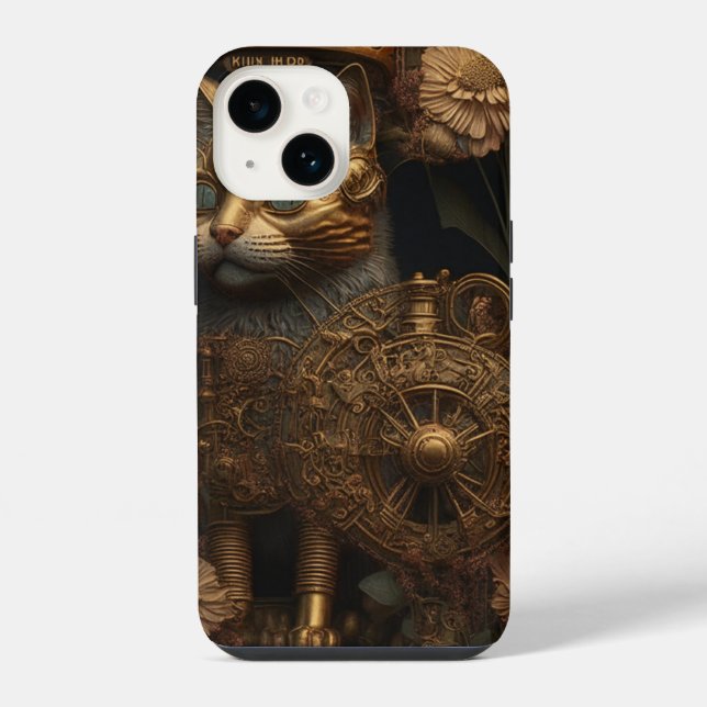 Gothic Steampunk Goldkatze iPhone 14 Hülle (Rückseite)