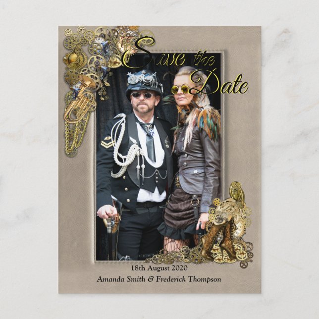 Gothic - Steampunk-Lederrahmen Save the Date Ankündigungspostkarte (Vorderseite)