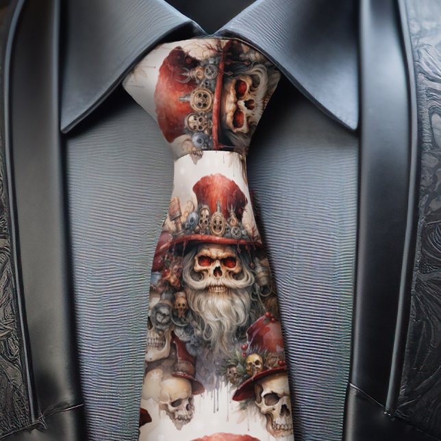 Gothic Steampunk Santa Skull Red Top Hat Weihnacht Krawatte (Get your steampunk on with this festive Steampunk Santa Tie. Show your Gothic Style at Christmas.)