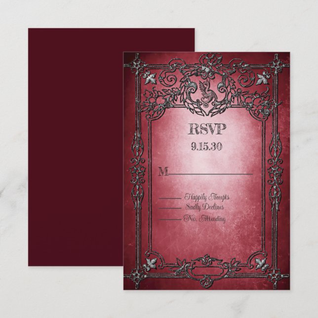 Gothic Style Dark Burgundy Silver Frame Wedding RSVP Karte (Vorne/Hinten)