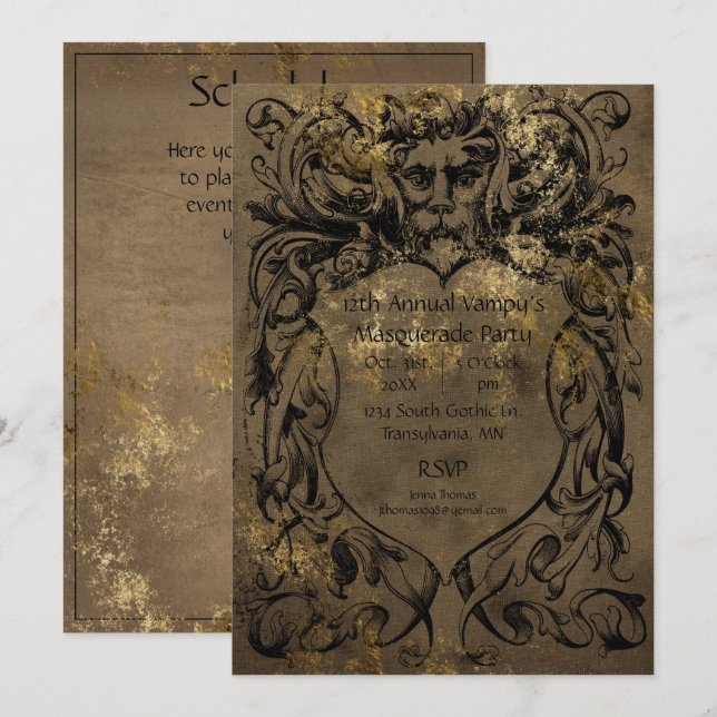 Gothic Style Gold Foil Halloween-Party Einladung (Vorne/Hinten)