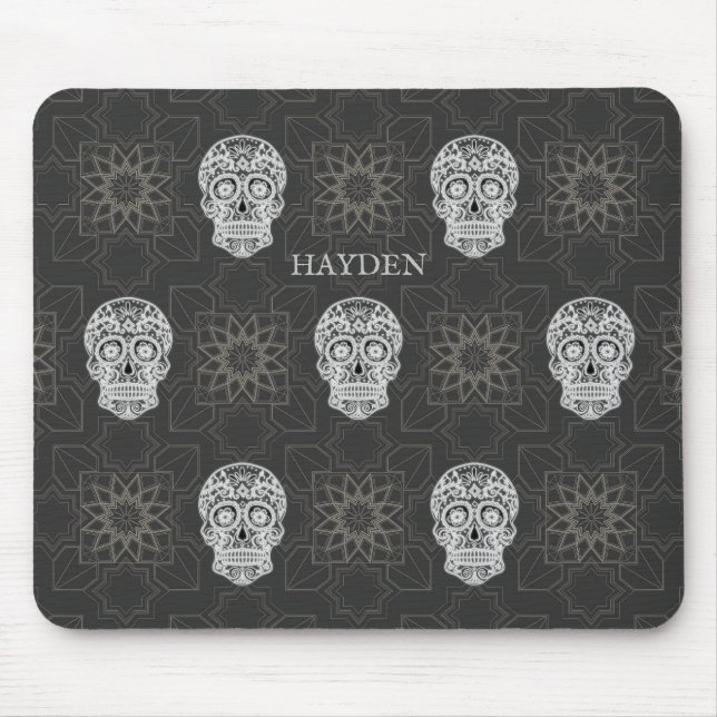 Gothic Sugar Skull and Grey Geometric Pattern Mousepad (Vorne)