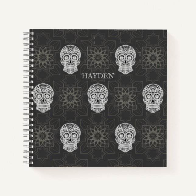 Gothic Sugar Skull and Grey Geometric Personalised Notizbuch (Vorderseite)