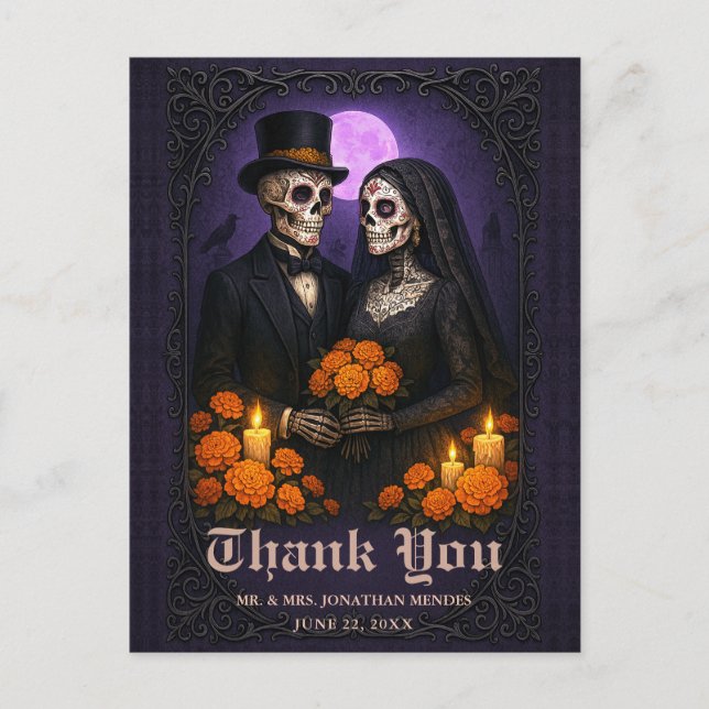 Gothic Sugar Skull Couple Wedding Thank You Postkarte (Vorderseite)