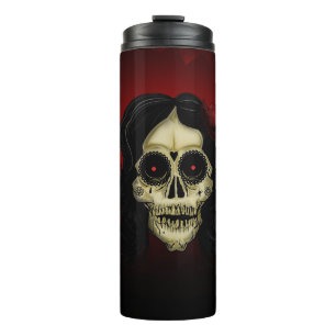 Gothic Sugar Skull Frau rote Rose dunkle Eleganz Thermosbecher