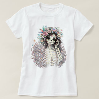 Gothic Sugar Skull Mädchen Florale Krone T-Shirt