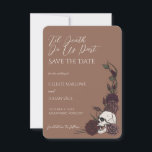 Gothic Tan Brown Skull Til Death Save the Date<br><div class="desc">This elegant Gothic Tan Brown Skull Til Death Save the Date features dramatic dark floral corner designs with hand-drawn skull and rose details in deep burgundy and antique mauve tones, against a dark tan background, creating a refined dark romance aesthetic. At the top, the editable “’Til Death Do Us Part”...</div>