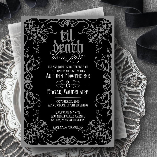 Gothic Til Death Gray Black Wedding Einladung (Von Creator hochgeladen)
