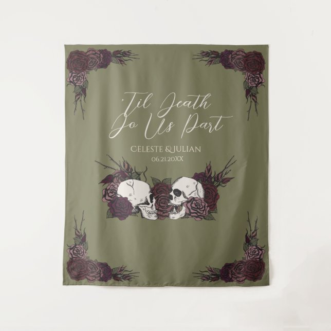 Gothic Til Death Olivgrüner Blumen-Schädel Wandteppich (Vorderseite)