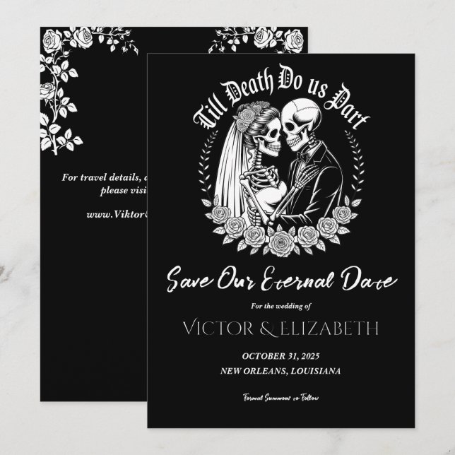 Gothic Till Death Black Elegantes Skelett Hochzeit Save The Date (Vorne/Hinten)