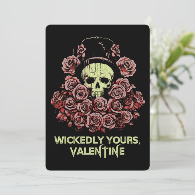 Gothic Valentine Skull mit Rose Feiertagskarte (Stehend Vorderseite)