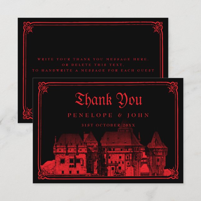 Gothic Vampire Castle Black Red Wedding Dankeskarte (Vorne/Hinten)