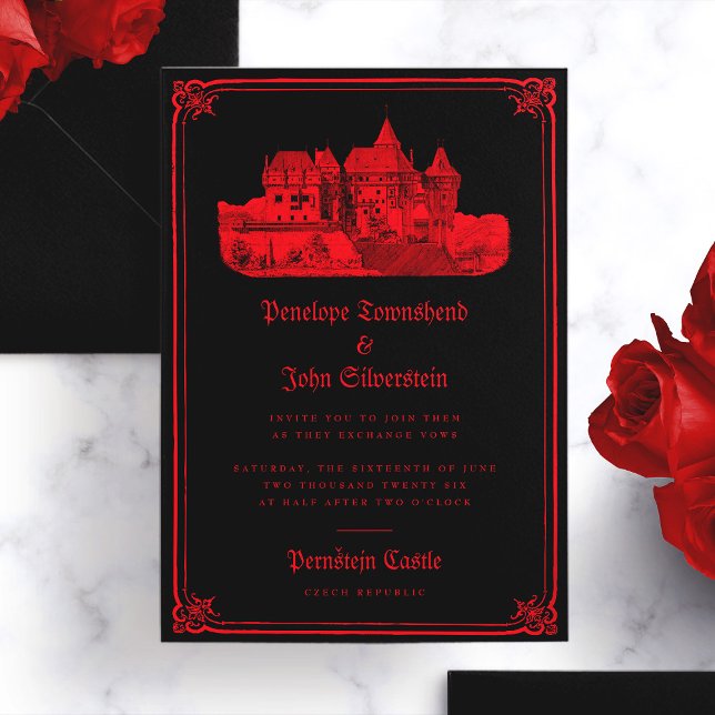 Gothic Vampire Castle Border Black Red Wedding Einladung (Gothic Vampire Castle Border Black Red Wedding Invitation)