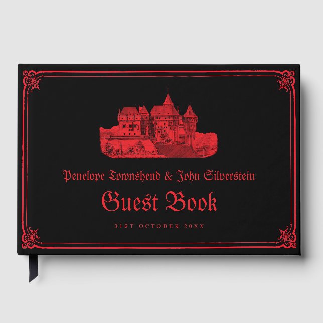 Gothic Vampire Castle Border Black Red Wedding Gästebuch (Vorderseite)