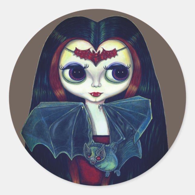 Gothic Vampire Girl mit Bat Big Eyes Niedlich Runder Aufkleber (Vorderseite)