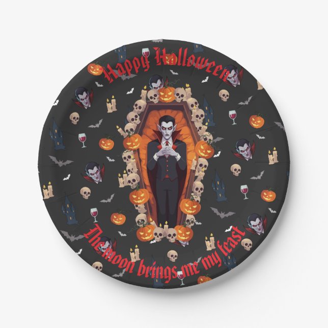 🧛 ‍ ♂️ Gothic Vampire Halloween Black Paper Plate Pappteller (Vorderseite)