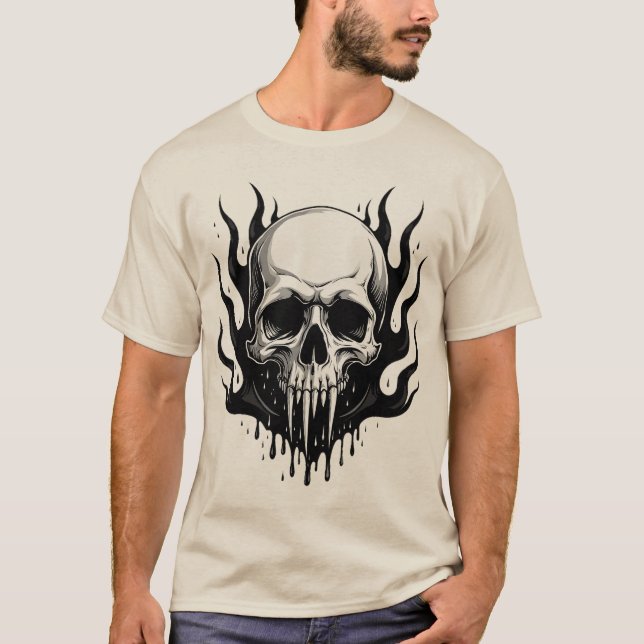Gothic Vampire Skull mit Drillen Black Flames T-Shirt (Vorderseite)
