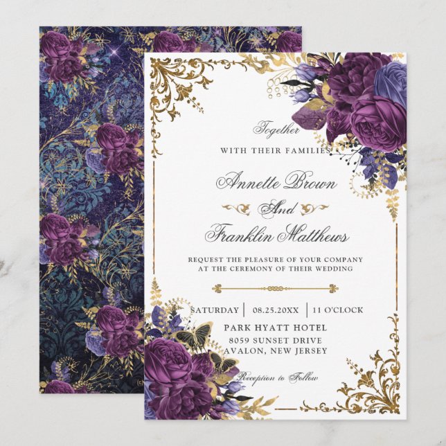 Gothic Verziert Dark Lila Floral Gold Wedding Einladung (Vorne/Hinten)
