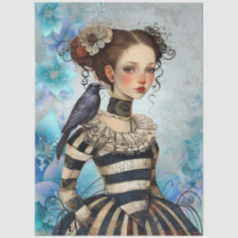 Gothic-Victorian Mädchen und Rabe Blaugrüne Blumen Seidenpapier
