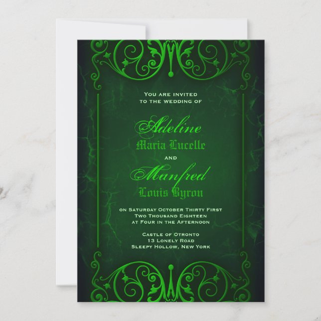 Gothic Viktorianisch Ghoulish Green Wedding Einladung (Vorderseite)