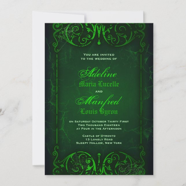 Gothic Viktorianisch Ghoulish Green Wedding Einladung (Vorderseite)