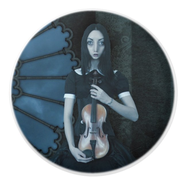 Gothic Viktorianisch Girl Holding Violin Dark Fant Keramikknauf (Vorderseite)