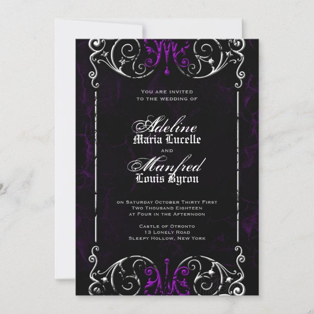 Gothic Viktorianisch Halloween Lila Hochzeitseinla Einladung (Vorderseite)