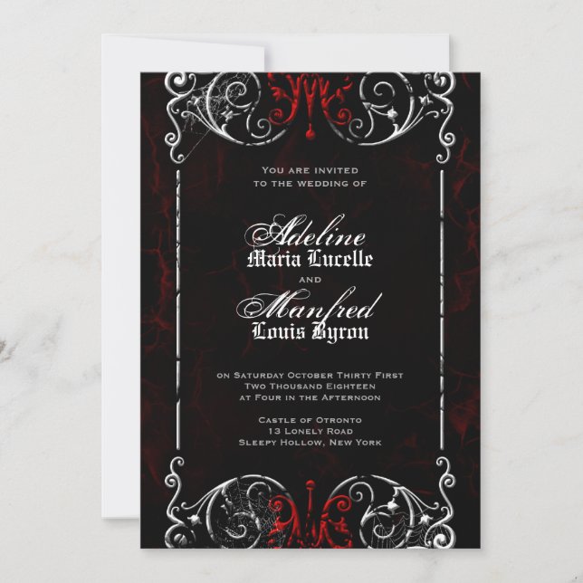 Gothic Viktorianisch Spooky Red, Black & White Wed Einladung (Vorderseite)