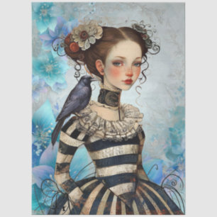 Gothic viktorianisches Mädchen und Rabe Teal Blume Seidenpapier