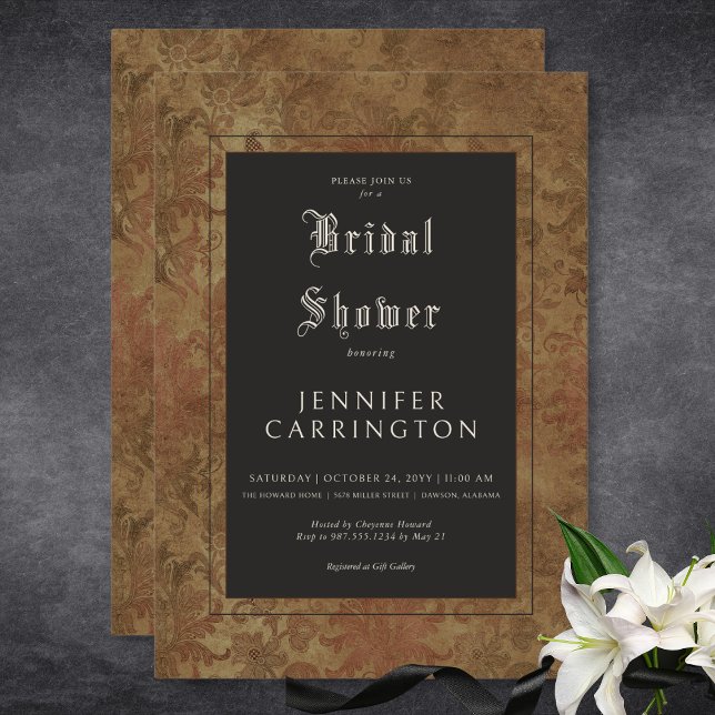 Gothic Vintag Brown Damask Silk Brautparty Einladung (Gothic Vintage Brown Damask Silk Bridal Shower Invitation)