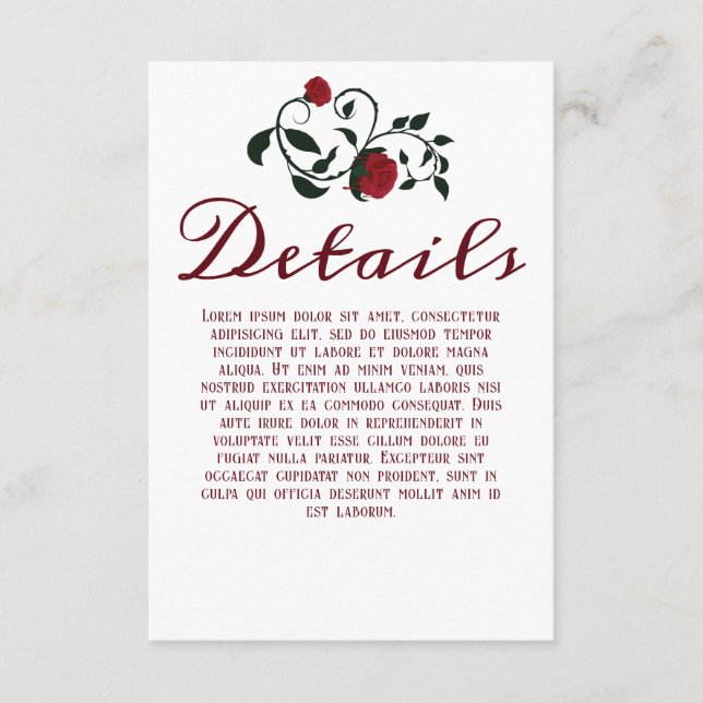 Gothic Vintag Driving Rose Hochzeitdetails Begleitkarte (Vorderseite)