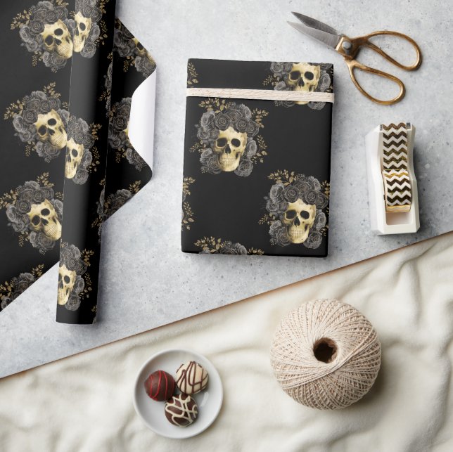 Gothic Vintag Skull Black & Gold Rose Geschenkpapier (Kunsthandwerk)