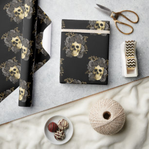 Gothic Vintage-Totenschädel Schwarz & Goldene Rose Geschenkpapier
