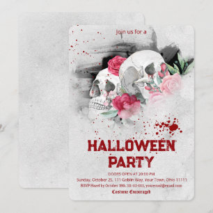 Gothic Wasserfarben Blumen-Schädel-Halloween-Party Einladung