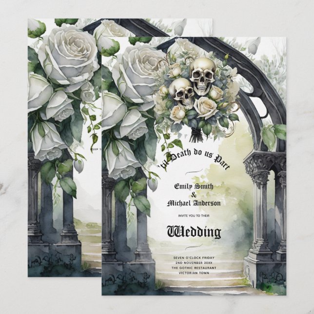 Gothic Wedding Black and White Roses Skulls Bloral Einladung (Vorne/Hinten)