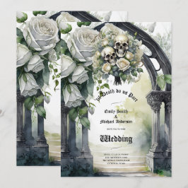 Gothic Wedding Black and White Roses Skulls Bloral Einladung