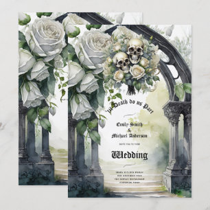 Gothic Wedding Black and White Roses Skulls Bloral Einladung