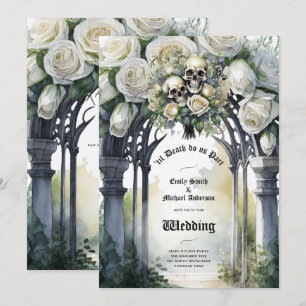 Gothic Wedding Black and White Roses Skulls Bloral Einladung