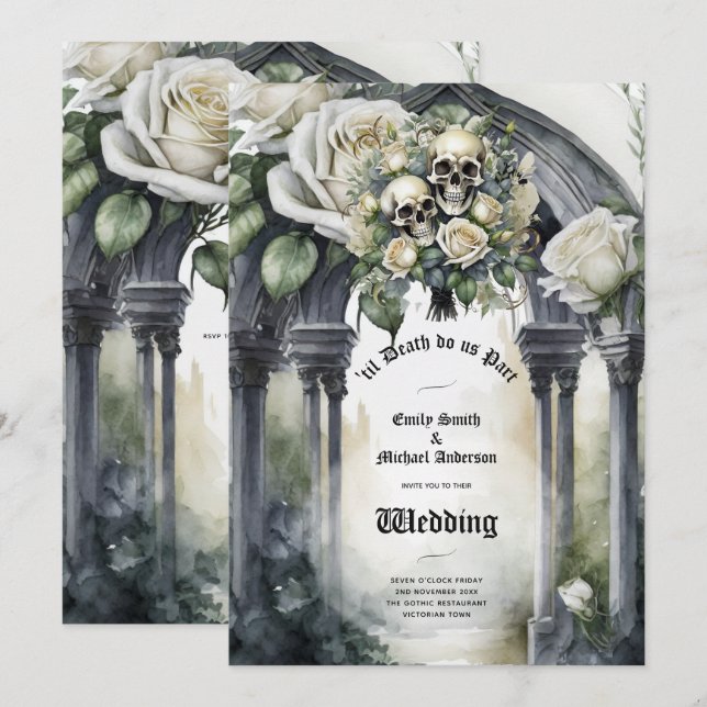 Gothic Wedding Black and White Roses Skulls Bloral Einladung (Vorne/Hinten)