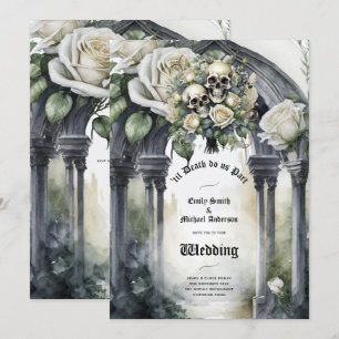 Gothic Wedding Black and White Roses Skulls Bloral Einladung