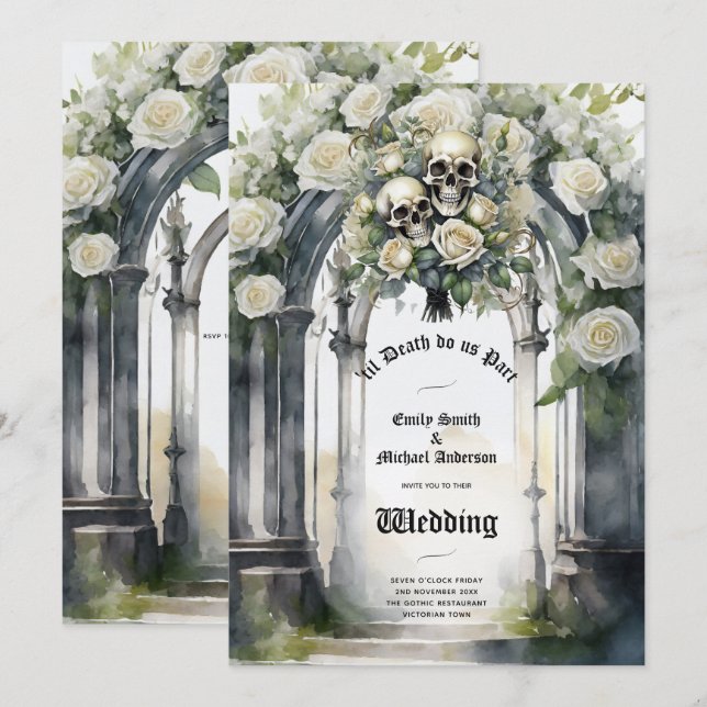 Gothic Wedding Black and White Roses Skulls Bloral Einladung (Vorne/Hinten)