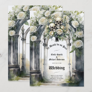 Gothic Wedding Black and White Roses Skulls Bloral Einladung