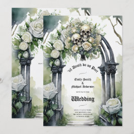Gothic Wedding Black and White Roses Skulls Bloral Einladung