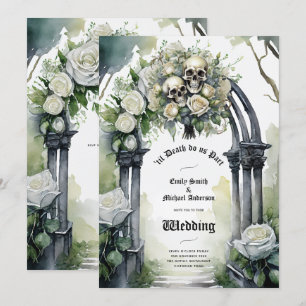 Gothic Wedding Black and White Roses Skulls Bloral Einladung